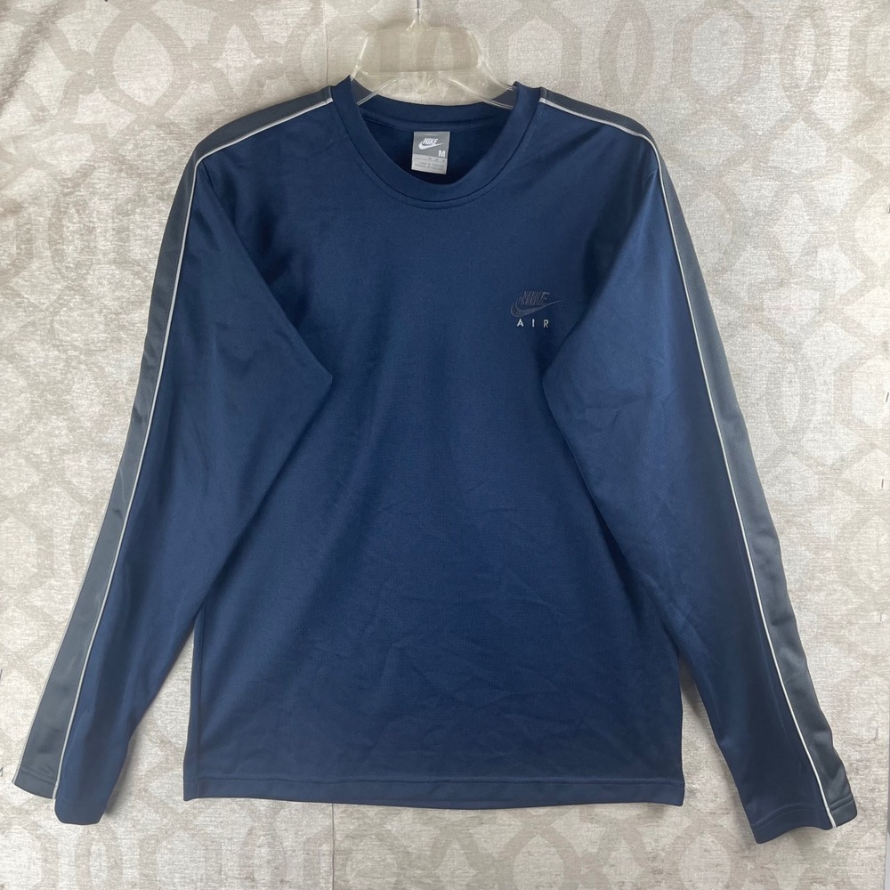 Nike Air Men Medium Navy Blue Long Sleeve Racing Stripe Shirt Polyester 236622